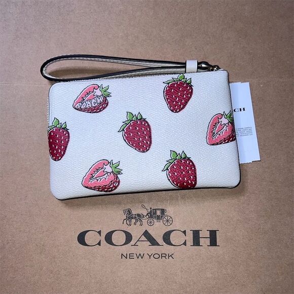 COACH Strawberry Print Wristlet Polished Pebble Leather CBB81 AUTHENTIC NWT - Picture 2 of 3